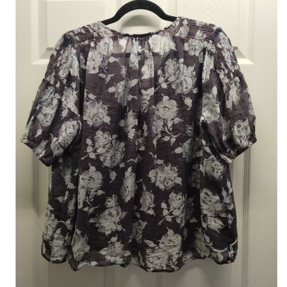 Current Air Anthropologie Size Large Blue Gray Floral V-Neck Orange Stitch Top - Picture 3 of 8